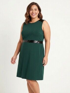 Sheila Rose Plus Size Sleeveless Forest Green A-Line Dress W/ Faux Leather Trim